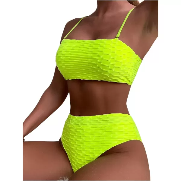 WDIRARA Women's 2 Piece Textured Bikini Set High Waist Wireless Bra Bathing Suits Swimsuit