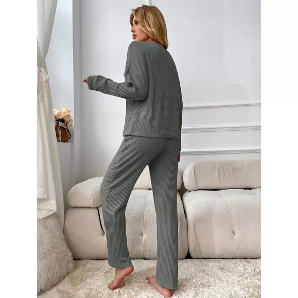 WDIRARA Women's 2 Piece Waffle Knit Button Down Long Sleeve Top and Pants Pj Lounge Set