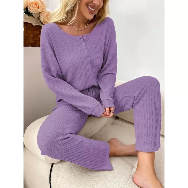 WDIRARA Women's 2 Piece Waffle Knit Button Down Long Sleeve Top and Pants Pj Lounge Set