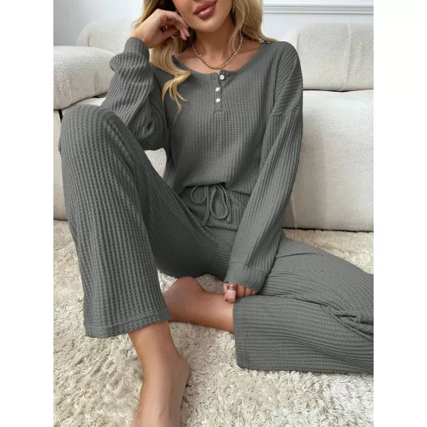 WDIRARA Women's 2 Piece Waffle Knit Button Down Long Sleeve Top and Pants Pj Lounge Set