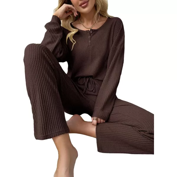 WDIRARA Women's 2 Piece Waffle Knit Button Down Long Sleeve Top and Pants Pj Lounge Set