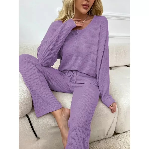 WDIRARA Women's 2 Piece Waffle Knit Button Down Long Sleeve Top and Pants Pj Lounge Set