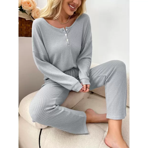 WDIRARA Women's 2 Piece Waffle Knit Button Down Long Sleeve Top and Pants Pj Lounge Set