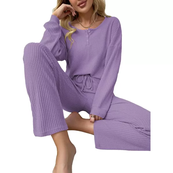 WDIRARA Women's 2 Piece Waffle Knit Button Down Long Sleeve Top and Pants Pj Lounge Set