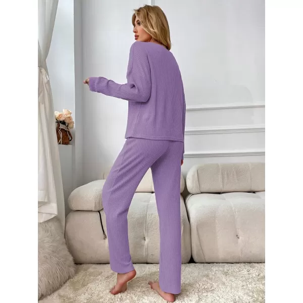 WDIRARA Women's 2 Piece Waffle Knit Button Down Long Sleeve Top and Pants Pj Lounge Set