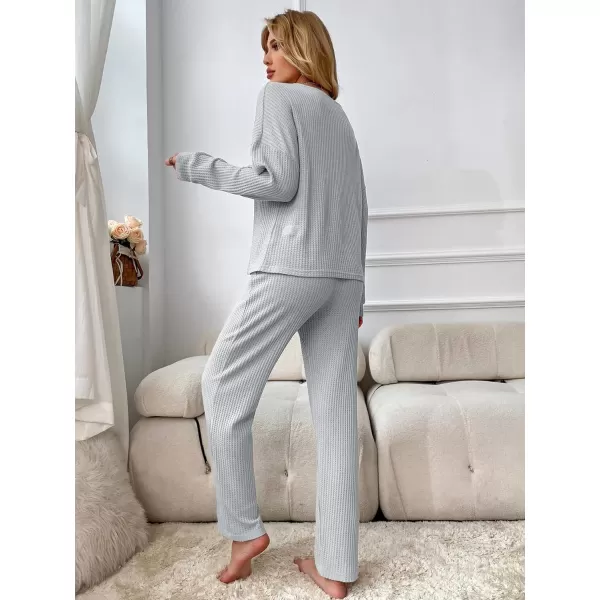 WDIRARA Women's 2 Piece Waffle Knit Button Down Long Sleeve Top and Pants Pj Lounge Set