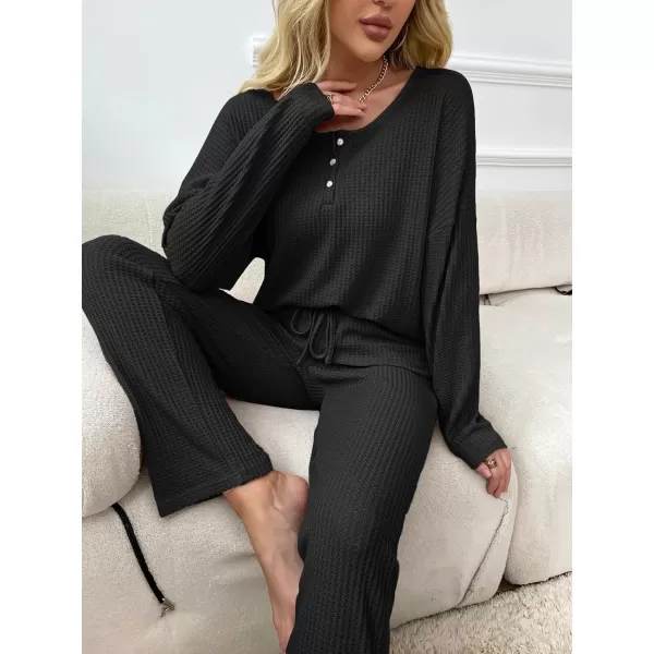 WDIRARA Women's 2 Piece Waffle Knit Button Down Long Sleeve Top and Pants Pj Lounge Set