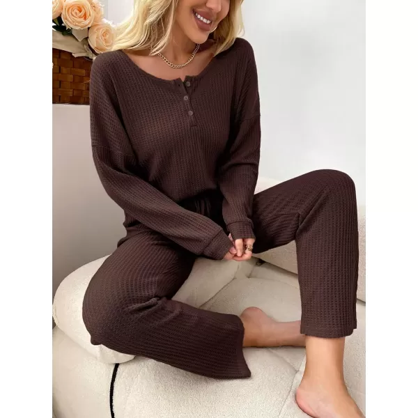 WDIRARA Women's 2 Piece Waffle Knit Button Down Long Sleeve Top and Pants Pj Lounge Set