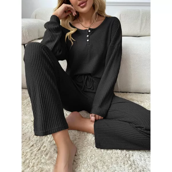 WDIRARA Women's 2 Piece Waffle Knit Button Down Long Sleeve Top and Pants Pj Lounge Set