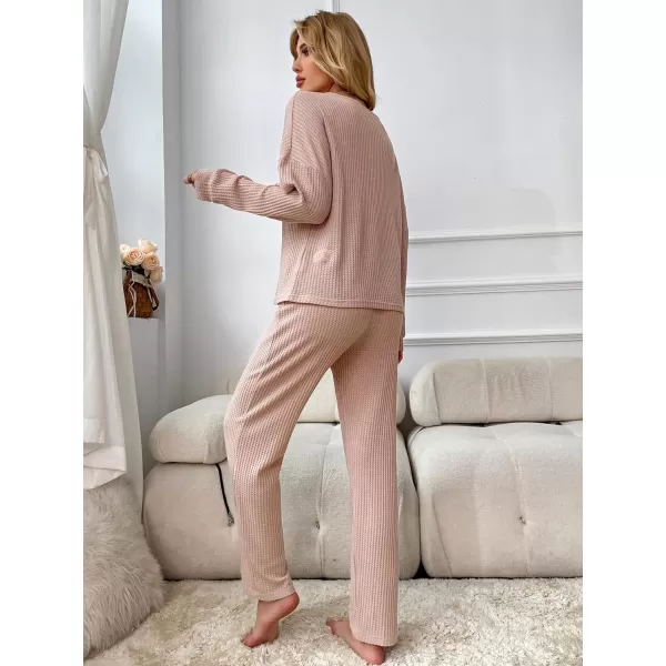 WDIRARA Women's 2 Piece Waffle Knit Button Down Long Sleeve Top and Pants Pj Lounge Set