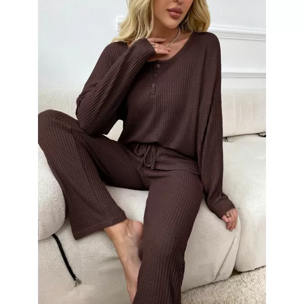WDIRARA Women's 2 Piece Waffle Knit Button Down Long Sleeve Top and Pants Pj Lounge Set