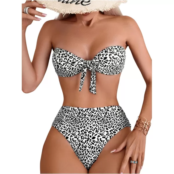 WDIRARA Women's 2 Pieces Swimwear Bow Front Textured Strapless Bra and Panty Bikini Sets