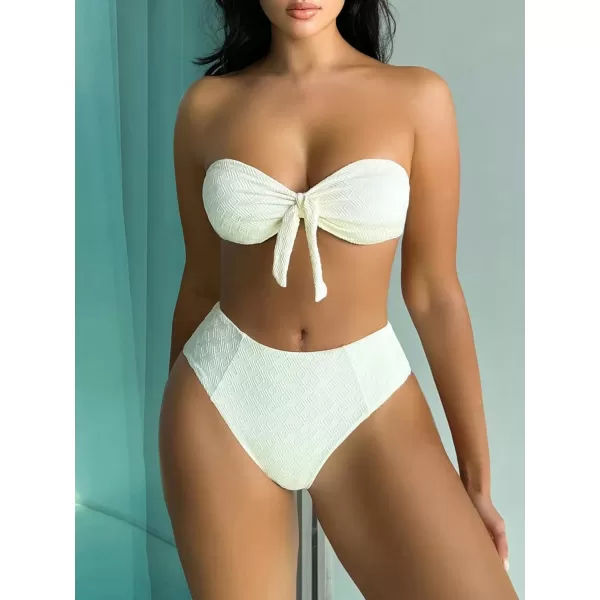 WDIRARA Women's 2 Pieces Swimwear Bow Front Textured Strapless Bra and Panty Bikini Sets