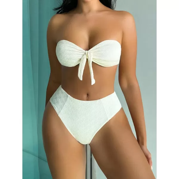 WDIRARA Women's 2 Pieces Swimwear Bow Front Textured Strapless Bra and Panty Bikini Sets