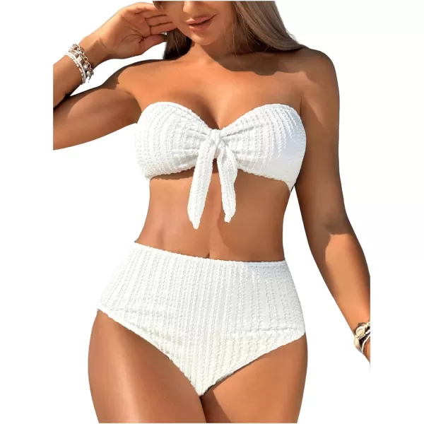 WDIRARA Women's 2 Pieces Swimwear Bow Front Textured Strapless Bra and Panty Bikini Sets