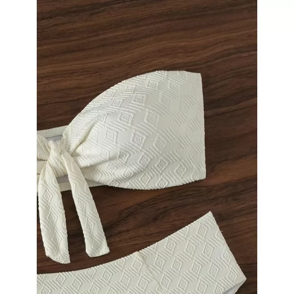WDIRARA Women's 2 Pieces Swimwear Bow Front Textured Strapless Bra and Panty Bikini Sets