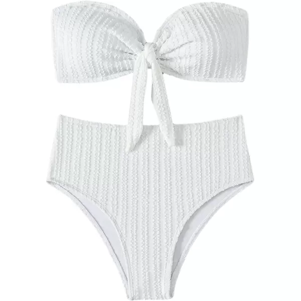 WDIRARA Women's 2 Pieces Swimwear Bow Front Textured Strapless Bra and Panty Bikini Sets