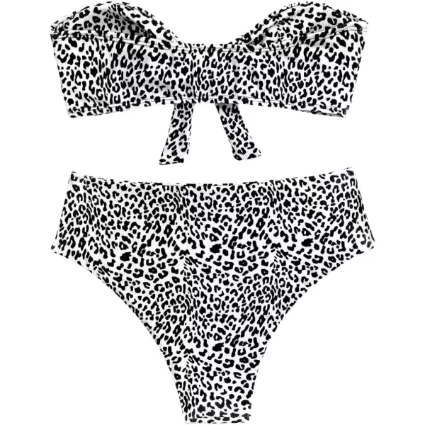 WDIRARA Women's 2 Pieces Swimwear Bow Front Textured Strapless Bra and Panty Bikini Sets