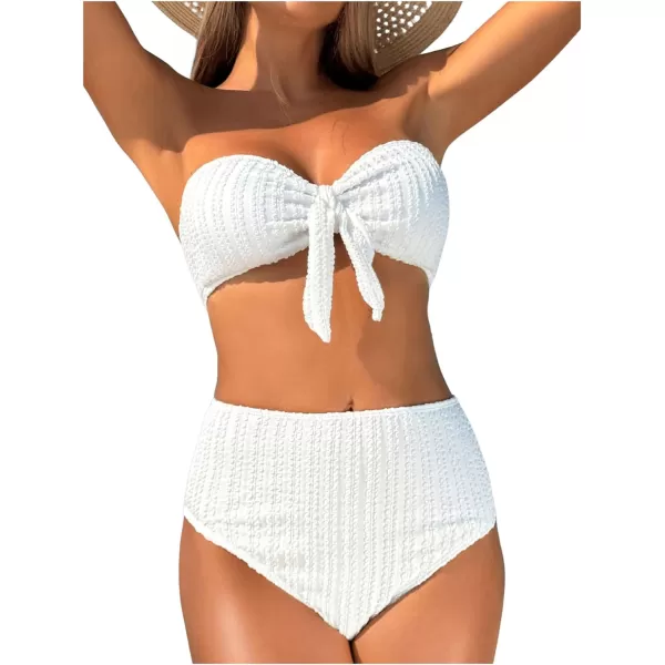 WDIRARA Women's 2 Pieces Swimwear Bow Front Textured Strapless Bra and Panty Bikini Sets