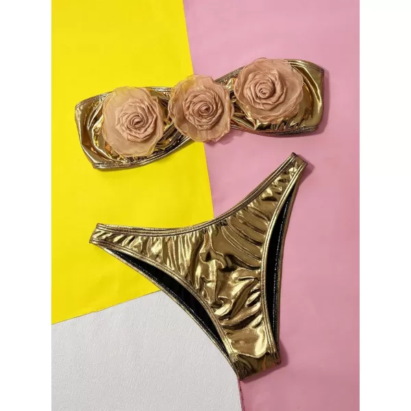 WDIRARA Women's 2 Pieces Swimwear Floral Appliques Metallic Tube Bra and Panty Sexy Bikini Sets