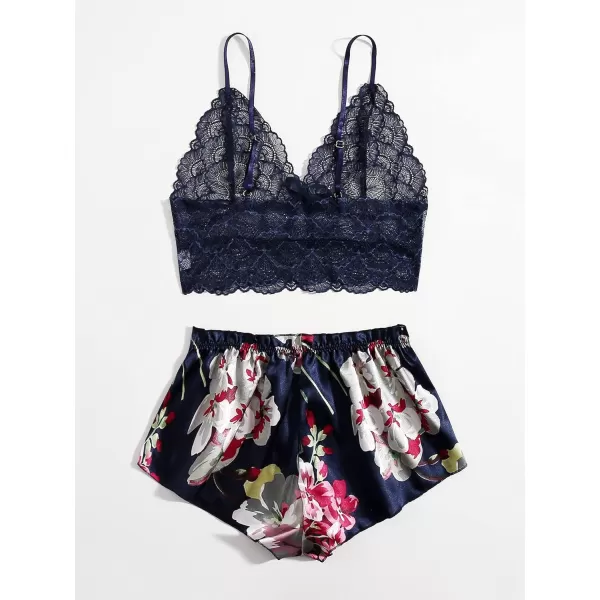 WDIRARA Women's 2Pcs Floral Lace Cami Top with Shorts Sleepwear Pajama Set
