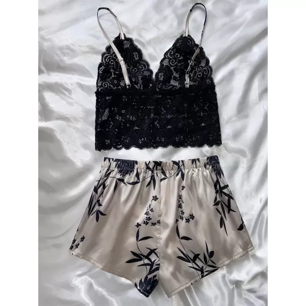 WDIRARA Women's 2Pcs Floral Lace Cami Top with Shorts Sleepwear Pajama Set