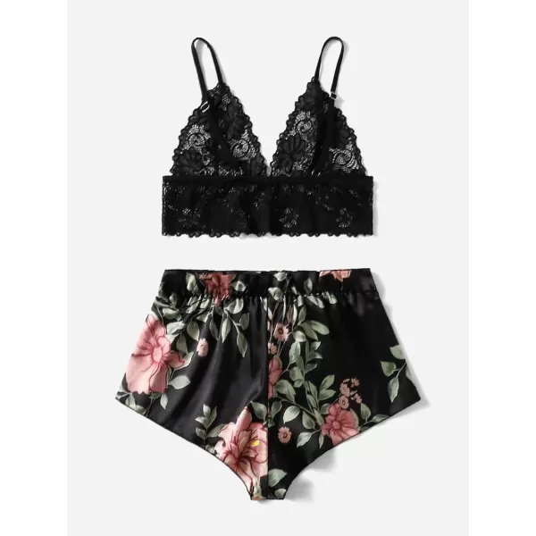 WDIRARA Women's 2Pcs Floral Lace Cami Top with Shorts Sleepwear Pajama Set