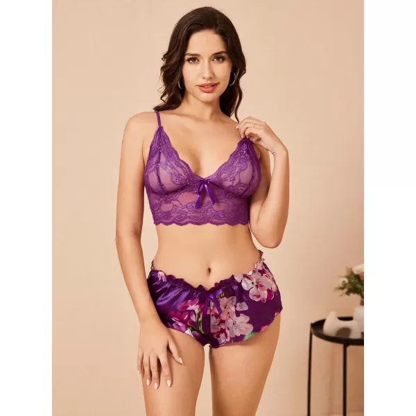 WDIRARA Women's 2Pcs Floral Lace Cami Top with Shorts Sleepwear Pajama Set