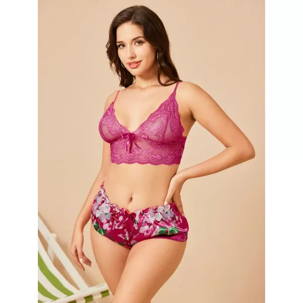 WDIRARA Women's 2Pcs Floral Lace Cami Top with Shorts Sleepwear Pajama Set