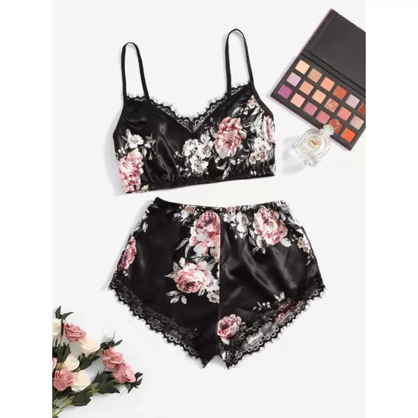 WDIRARA Women's 2Pcs Floral Lace Cami Top with Shorts Sleepwear Pajama Set