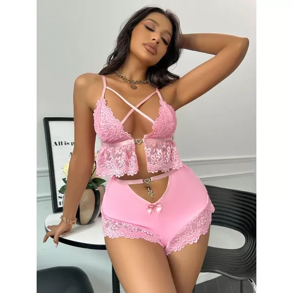 WDIRARA Women's 2Pcs Floral Lace Cami Top with Shorts Sleepwear Pajama Set