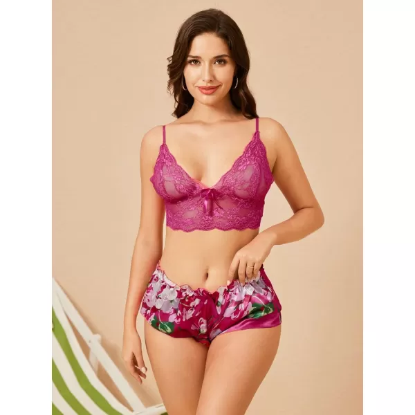 WDIRARA Women's 2Pcs Floral Lace Cami Top with Shorts Sleepwear Pajama Set