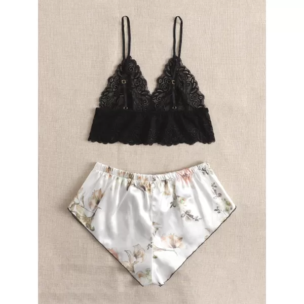 WDIRARA Women's 2Pcs Floral Lace Cami Top with Shorts Sleepwear Pajama Set