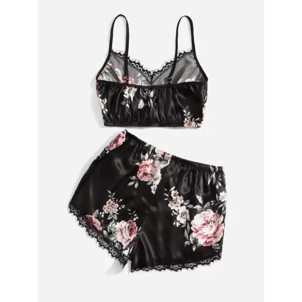 WDIRARA Women's 2Pcs Floral Lace Cami Top with Shorts Sleepwear Pajama Set