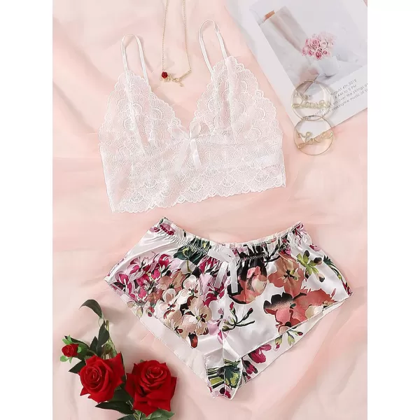 WDIRARA Women's 2Pcs Floral Lace Cami Top with Shorts Sleepwear Pajama Set