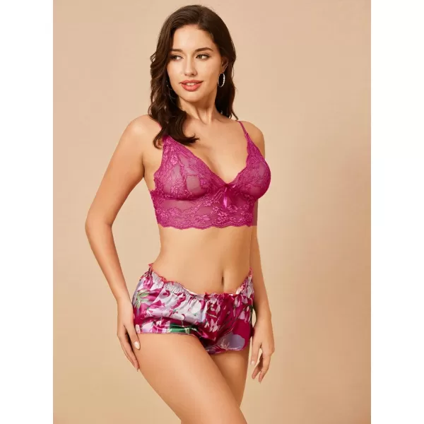 WDIRARA Women's 2Pcs Floral Lace Cami Top with Shorts Sleepwear Pajama Set