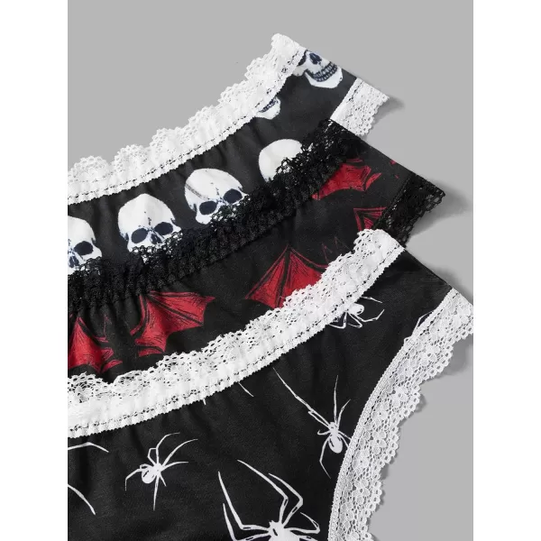 WDIRARA Women's 3 Pack Skull Graphic Print Lace Trim Underwear Panty Set