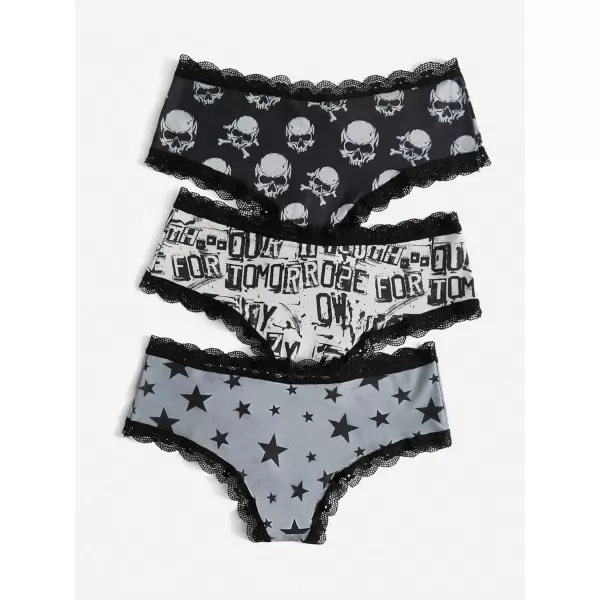 WDIRARA Women's 3 Pack Skull Graphic Print Lace Trim Underwear Panty Set