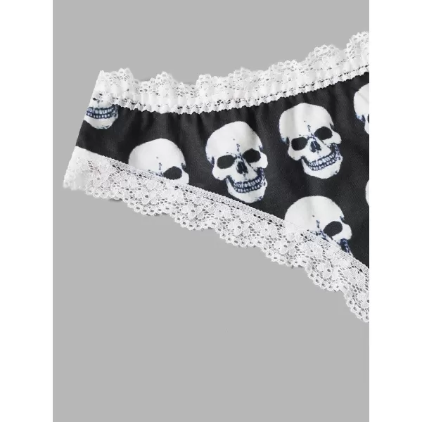 WDIRARA Women's 3 Pack Skull Graphic Print Lace Trim Underwear Panty Set