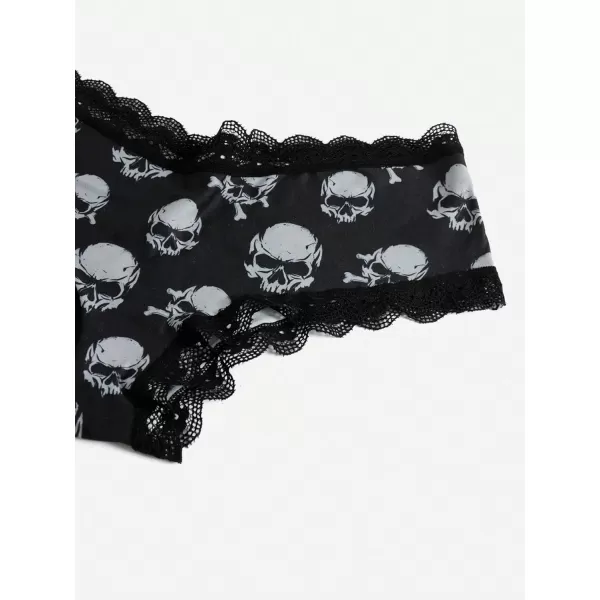 WDIRARA Women's 3 Pack Skull Graphic Print Lace Trim Underwear Panty Set