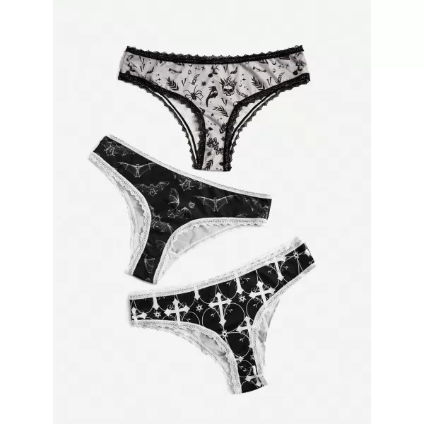 WDIRARA Women's 3 Pack Skull Graphic Print Lace Trim Underwear Panty Set