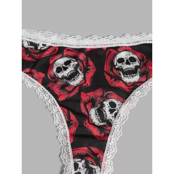 WDIRARA Women's 3 Pack Skull Graphic Print Lace Trim Underwear Panty Set