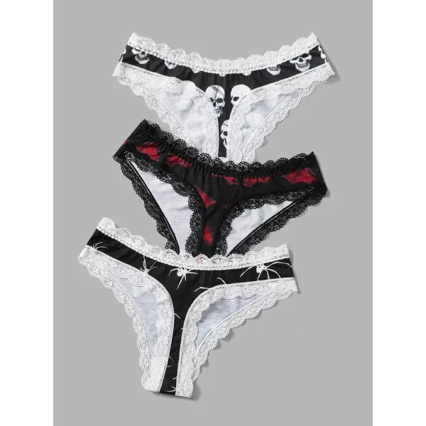 WDIRARA Women's 3 Pack Skull Graphic Print Lace Trim Underwear Panty Set