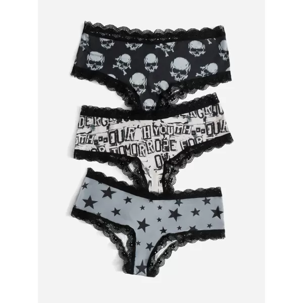 WDIRARA Women's 3 Pack Skull Graphic Print Lace Trim Underwear Panty Set