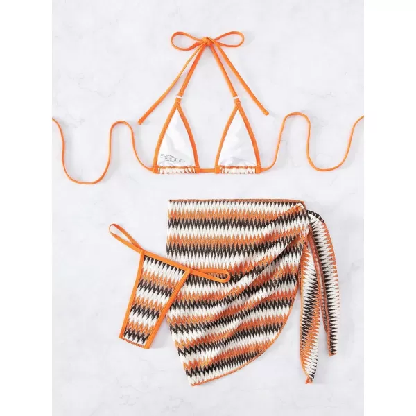 WDIRARA Women's 3 Piece Allover Print Bikini Set Halter Knot Tie Back Swimsuit and Skirts Cover Up