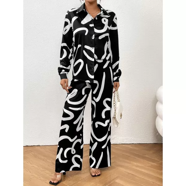 WDIRARA Women's 3 Piece Outfits Colorblock Button Front Shirt and Cami Top with Wide Leg Pants