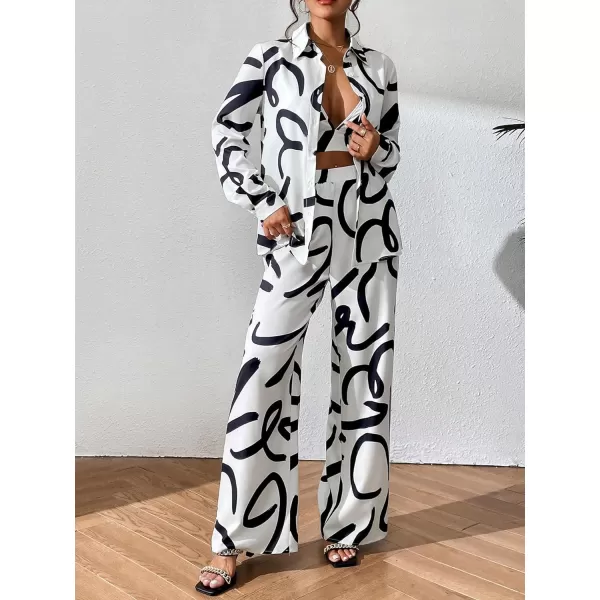 WDIRARA Women's 3 Piece Outfits Colorblock Button Front Shirt and Cami Top with Wide Leg Pants