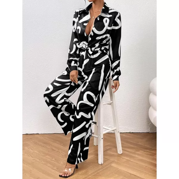 WDIRARA Women's 3 Piece Outfits Colorblock Button Front Shirt and Cami Top with Wide Leg Pants