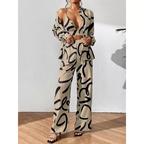 WDIRARA Women's 3 Piece Outfits Colorblock Button Front Shirt and Cami Top with Wide Leg Pants