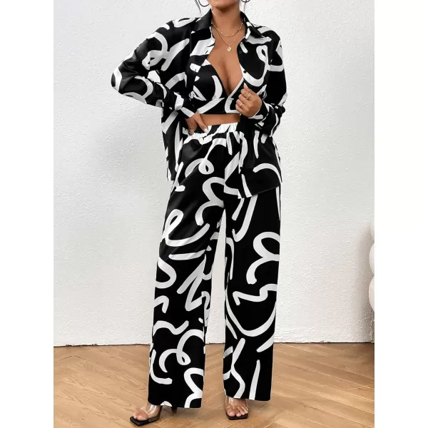 WDIRARA Women's 3 Piece Outfits Colorblock Button Front Shirt and Cami Top with Wide Leg Pants